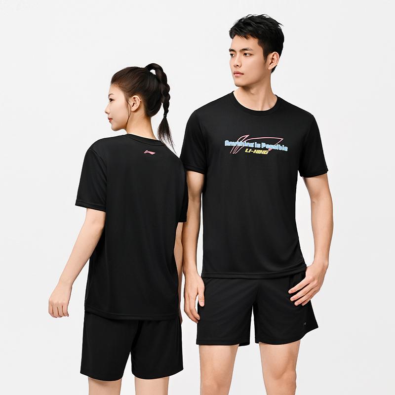 Li Ning Badminton Series Fashion Versatile Breathable Quick-Dry Cool Round Neck Sports Casual T-Shirt Unisex Tops Black AHSW111-1
