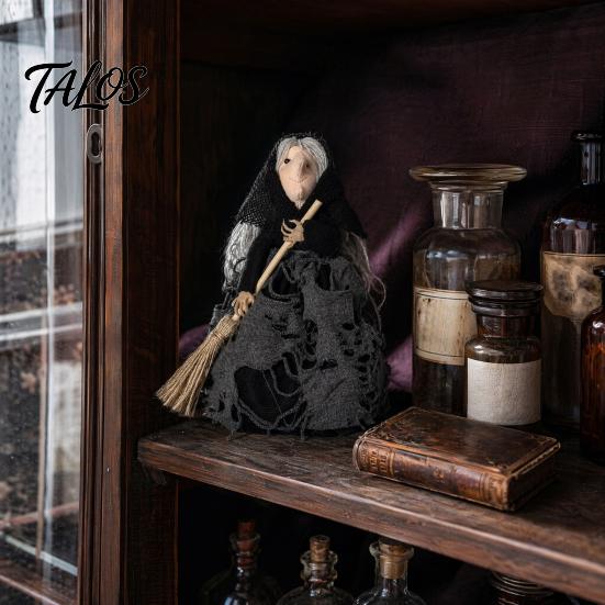 Retro Witch Figurine Halloween Kitchen Doll, Small Statue with Broom, Black And Orange Doll Tabletop Party Decoration for Table Fireplace Holiday Home