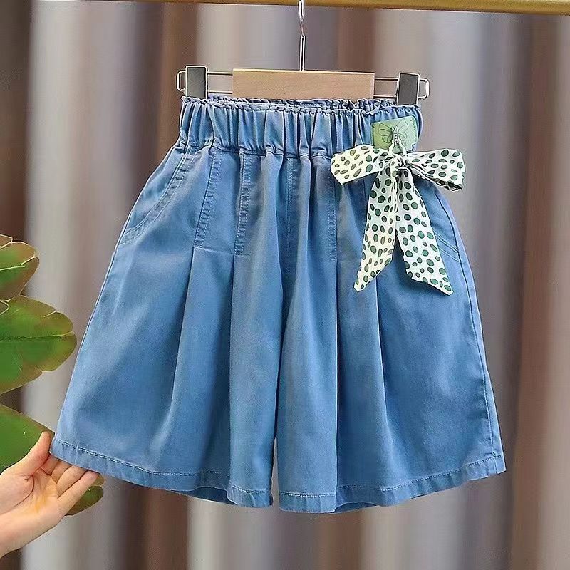 Girls Denim Pearl Short Skirt Summer Fashion Pleated Skirt Children's Culottes