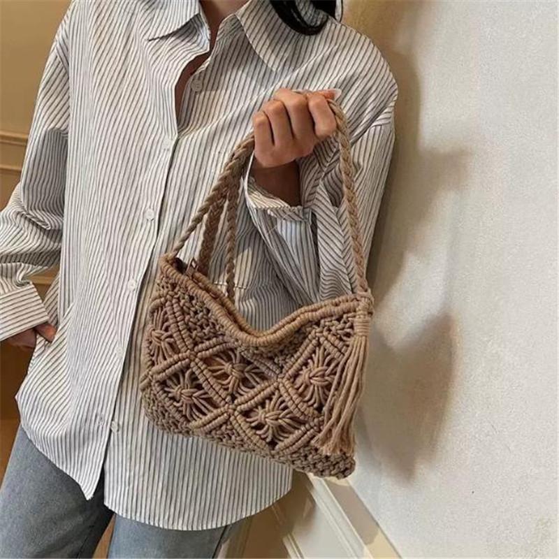 Ambachtelijke Gehaakte Geweven Crossbody Tas Lichtgewicht Boho Zomer Strand Schoudertas gray