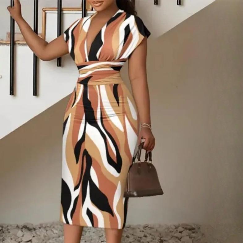 BITCED Damen Frühling/Sommer Kurzarm Einfach V-Ausschnitt Hüftumhüllung Bedruckte Kleider