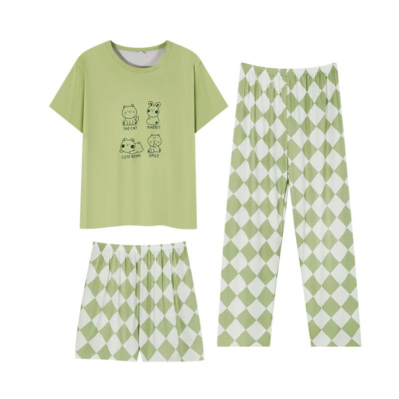 Korean INS Simple Sketch Cute Cartoon Pajamas for Women, Cute Pullover Short-sleeve Three-piece Set, Suitable for Wearing As Outerwear, Ladies' 