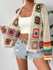 Vintage Rainbow Color Block Crochet Shawl Cardigan Loose Knit Top
