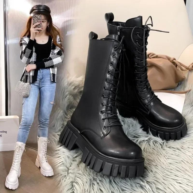 Moda 2024Botas Femininas Moda Bota de Cano Médio Couro PU Botas Casuais Antiderrapantes de Plataforma para Mulheres Bota de Tornozelo de Amarrar Botas Mujer