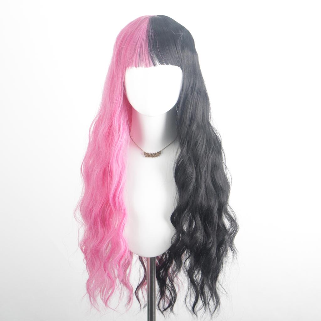 Women's Black Pink Mixed Color High-Quality Synthetic Long Curly Hair Wig with Fashionable Qi Bangs for Party Wear
