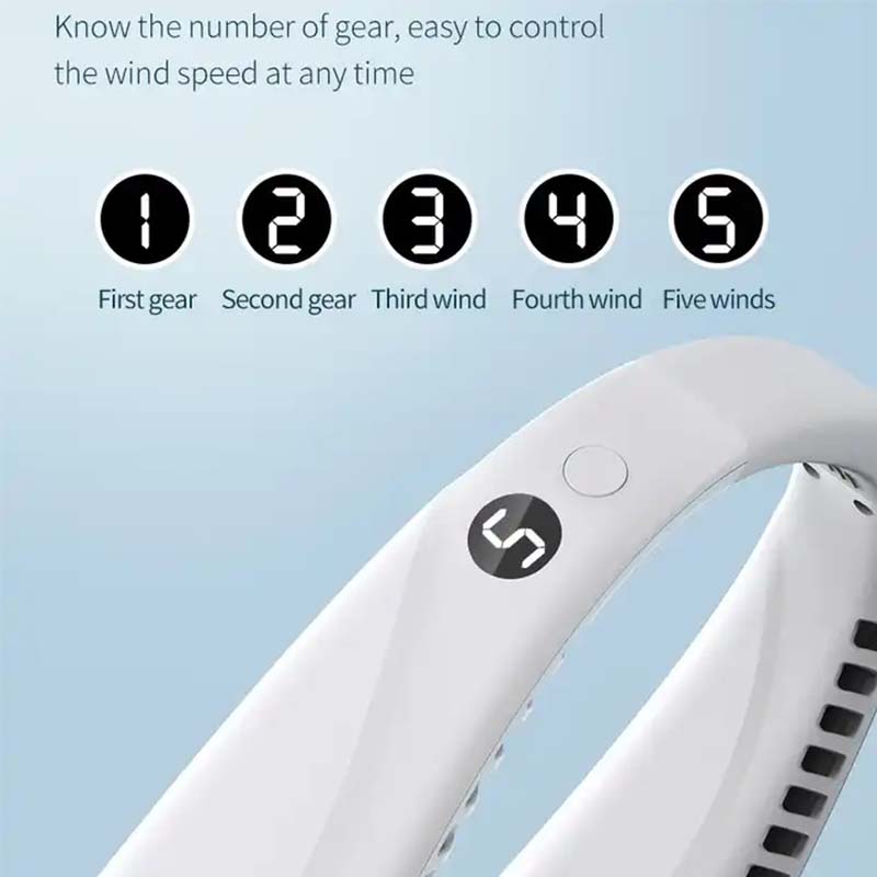 New-style Five-Speed Digital Display Leafless Neck Fan-Portable USB Mini for Students Outdoor Sports & Foreign Trade