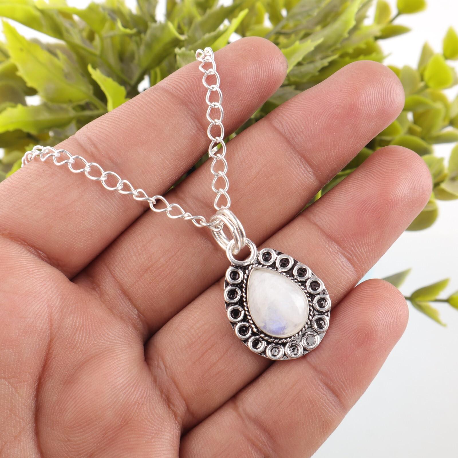 

Pear Rainbow Moonstone Stone Sterling Silver Unique Friend Gift Pendant Jewelry PP-26-30