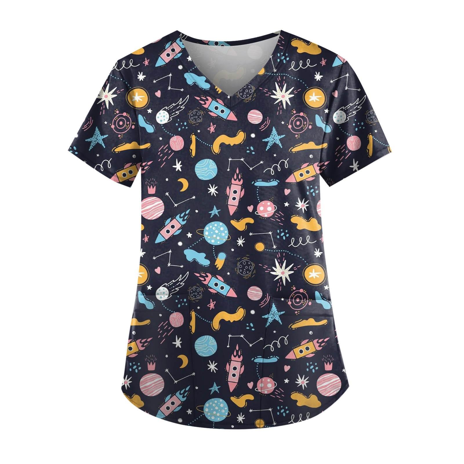 

Жіноча кишеня для доглядальниці з принтом і V-подібним вирізом з короткими рукавами S Темно-синій