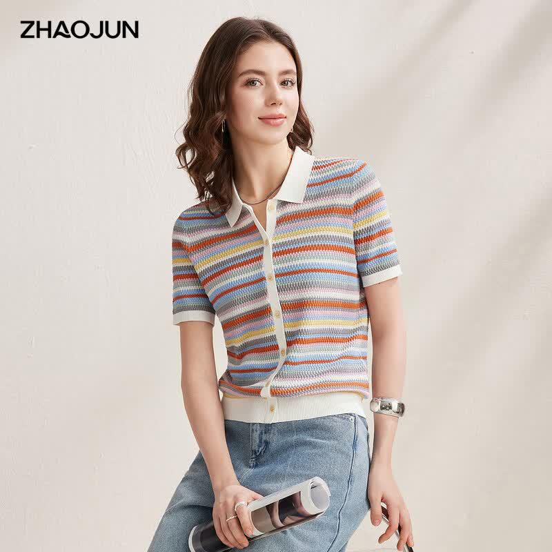 Women's Mulberry Silk Blend Striped Short Sleeve Knit Top