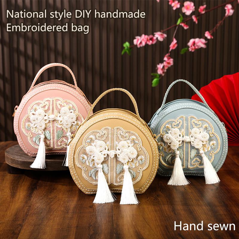 Chinese Style National Style Bag For Women  Versatile Niche Embroidered Messenger Bag Portable High-Capacity Round Bag
