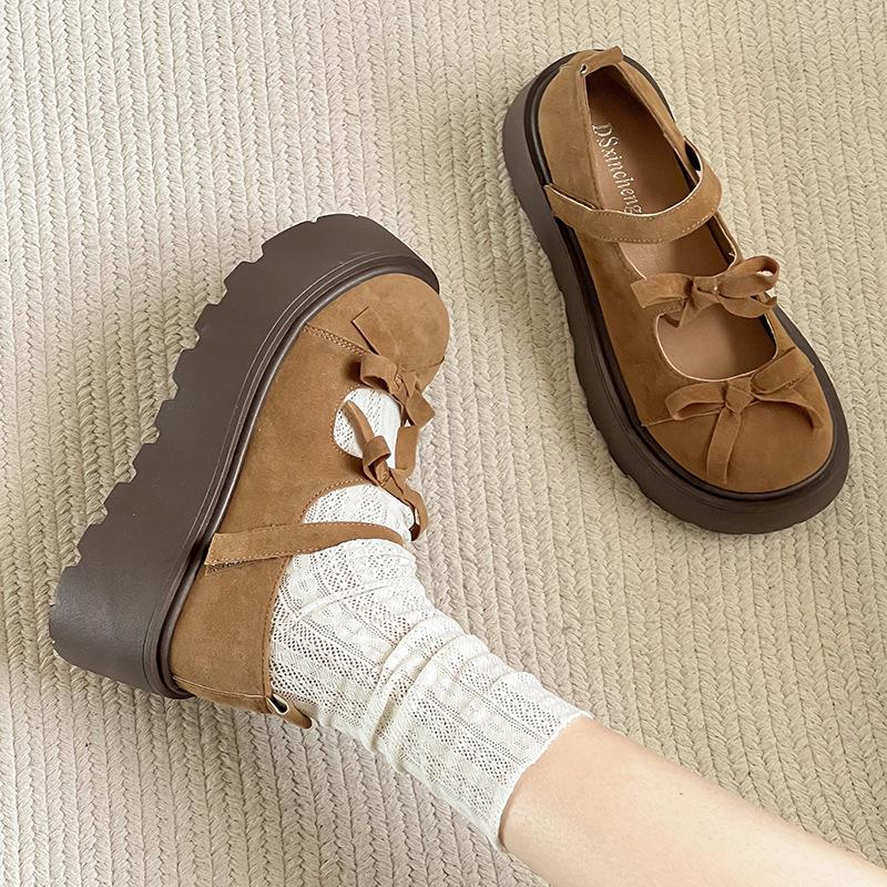 Fashion Women Mary Jane Shoes Autumn Round Toe Vintage Bow Knot Platform Leather Shoes Height Increase Comfortable Fashion Single Shoes