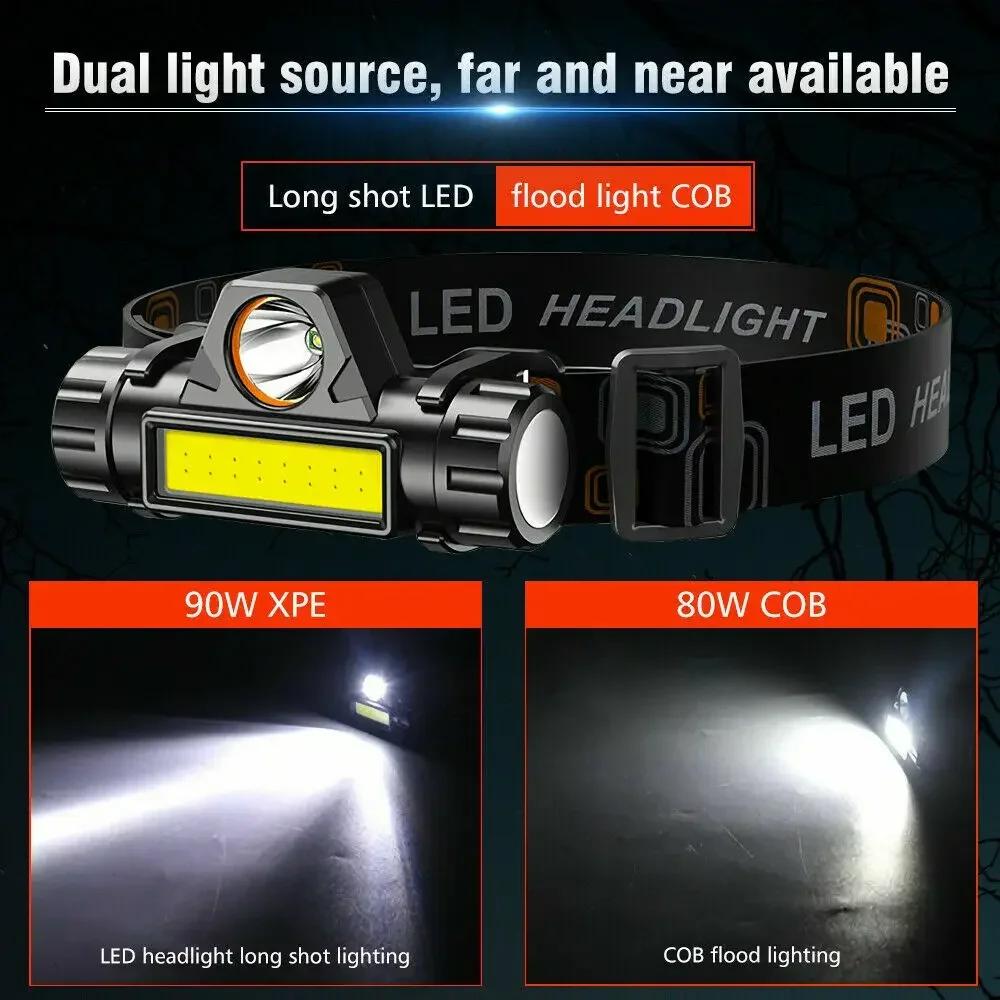 Rechargeable COB LED Headlamp With Magnet Powerful Headlight Super Bright Outdoor Waterproof Torch For Camping Hiking Fishing