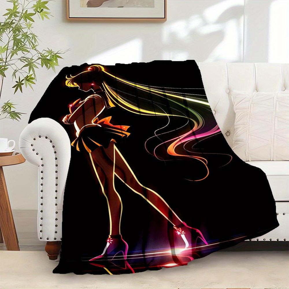For Sailor Moon,Neon Lights,Silhouette-Themed Flannel Blanket, Glam Style, Digital Print, All-Season Comfort, Tear-Resistant, Knitted Crafts