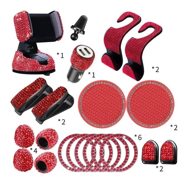 Car Phone Holder 20Pcs/Set Rhinestone Holder Universal Auto Interior Hooks Sticker Pad Set Pink Bling Car Accessories for Women красный