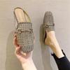 Slippers women's summer 2025 new rhinestone retro flat-bottomed outer slippers Muller super fire sandals fashion thousand bird grid