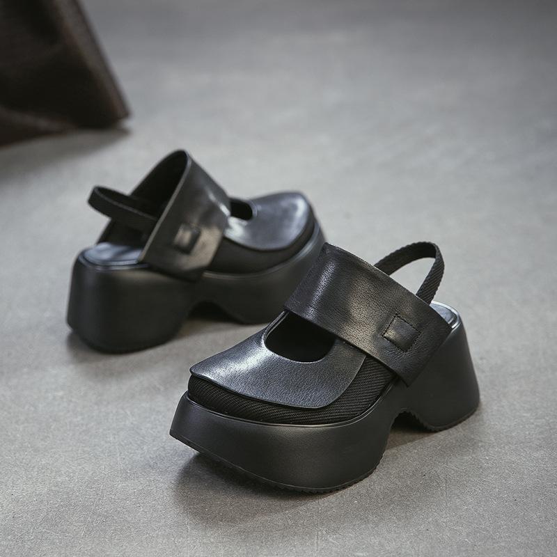 Johnature Sandale Retro cu Vârf Rotund și Talpă Groasă Versatile din Piele Naturală cu Toc Gros Pantofi cu Platformă pentru Femei