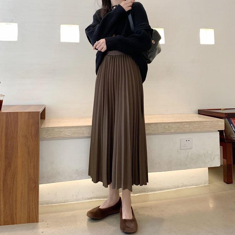 High Waist Long Women Skirt A Line Elastic Pleated Calf Length Solid Simply Classic Female Bottom Thin Summer Y2k Skirt