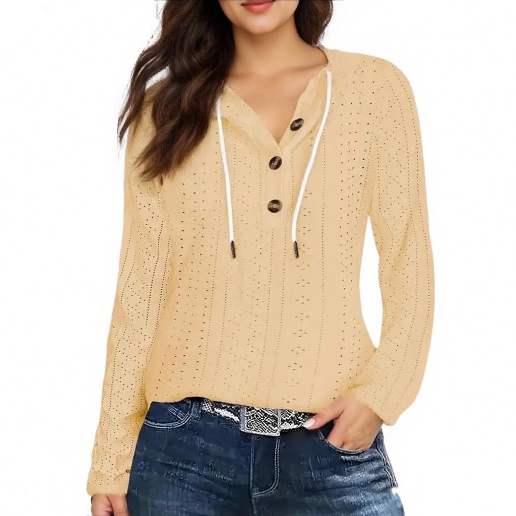 Fashion Women's Hoodie Knit Drawstring Button V-neck Long Sleeve Pullover Casual T-shirt