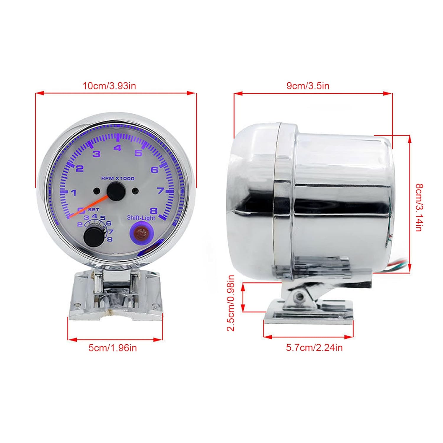 

Tachometer 12V for 4/6/8 Cylinder Gasoline Vehicles, 0-8000 RPM, 3.75in, 7 Color Background Lights, Chrome Bracket, White Face