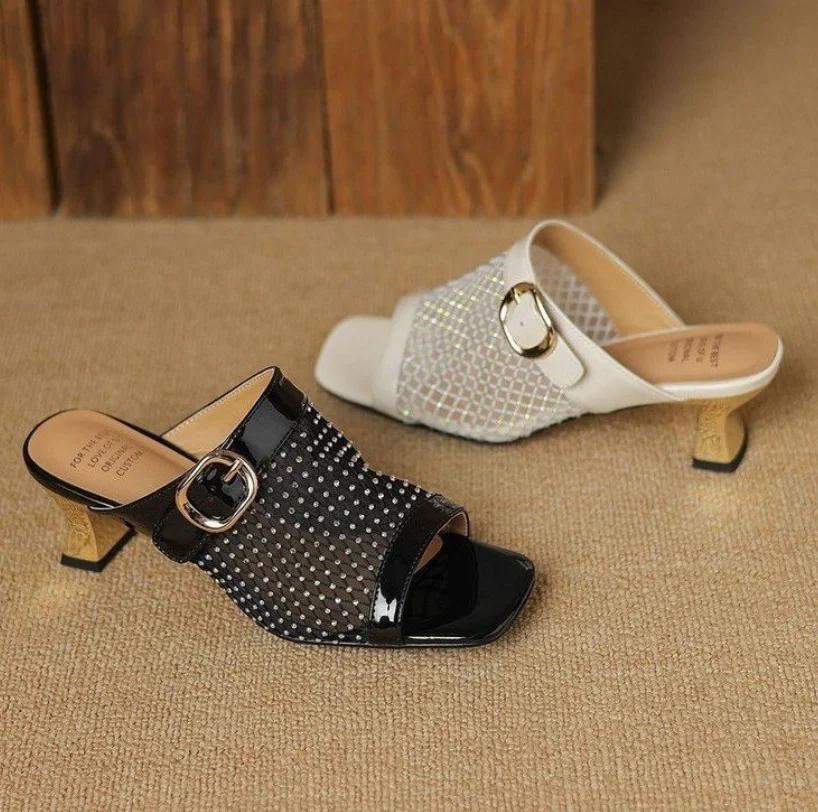 Fashion 2025 Summer Chanclas Mules Breathable Women Slippers Round Toe Strange Style Microfiber Lace Slippers Cover Toe Women Flip Flops