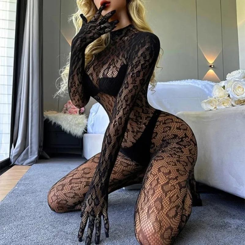 Sexy Lingerie Leopard Mesh Bodystockings Fishnet Jumpsuit Hollow See Through Tight Erotic Pajamas Elastic Night Club Underwear