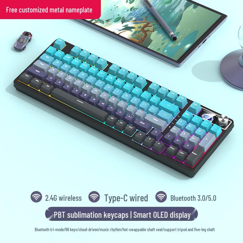 98-Key Wireless Bluetooth Mechanical Keyboard - Blue Switches, PBT Gradient, Gaming/Office, Customizable.