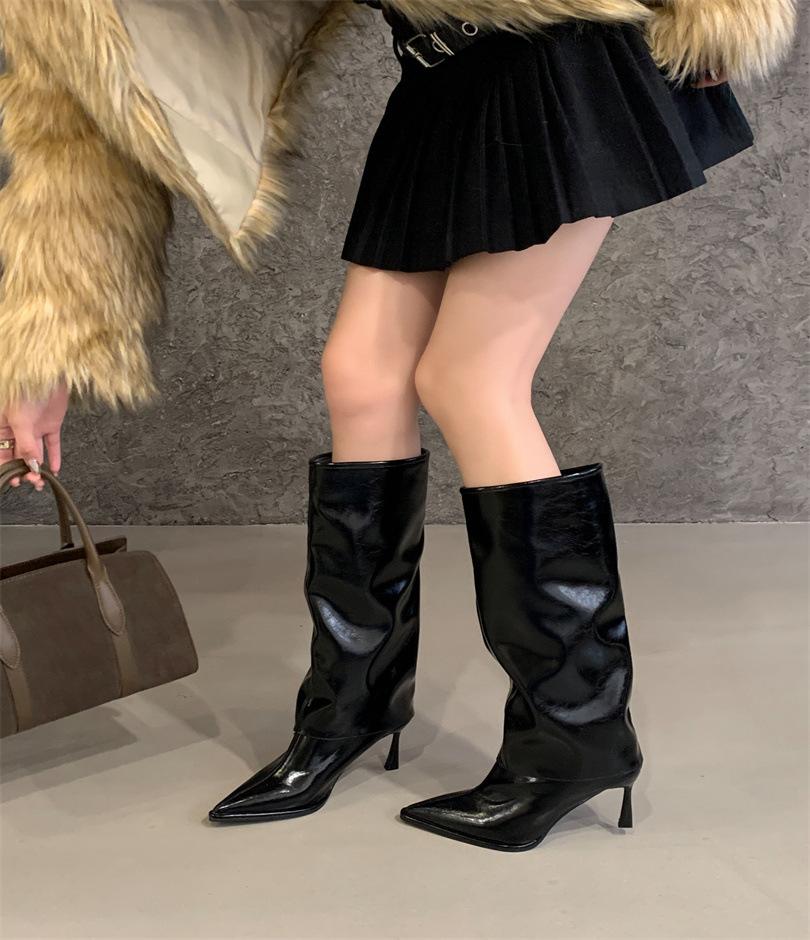 European and American Long Knight Boots Women's High-heeled Trouser Boots Autumn and Winter Thin Fashion Pointed Hot Girls But Knee Thin Heel Boots