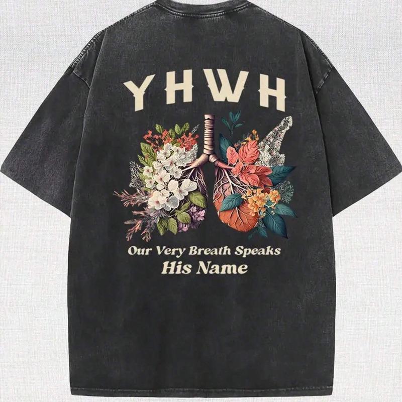 

European Size Men s Vintage Washed Cotton Short-Sleeve T-Shirt - YHWH Floral Butterfly & Print, Comfortable Loose Fit Casual Tee 5XL чорний