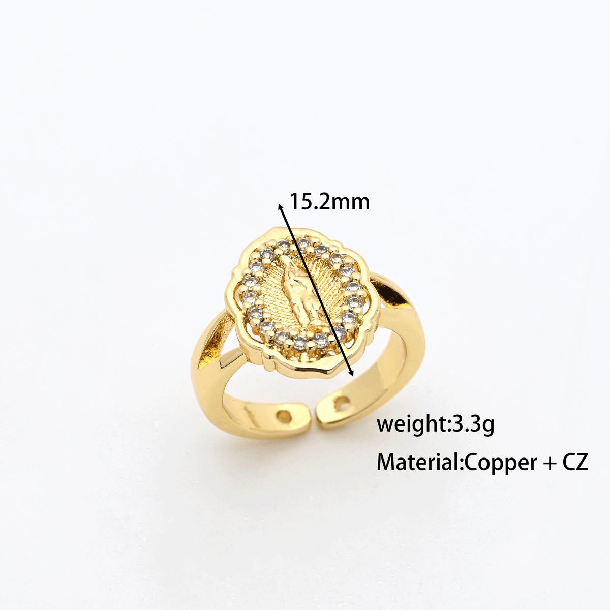 European Gold-Plated Copper Ring with Micro-Inlaid Zirconia and Virgin Mary Image Adjustable Open Ring 18K Gold