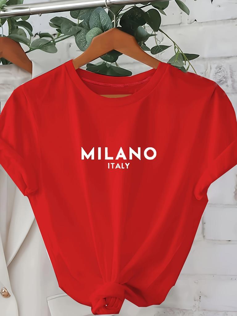 Milano Letter Print T-shirt Casual Crew Neck Short Sleeve Top For Spring & Summer Women's Clothing Casual Short Sleeve T-Shirt