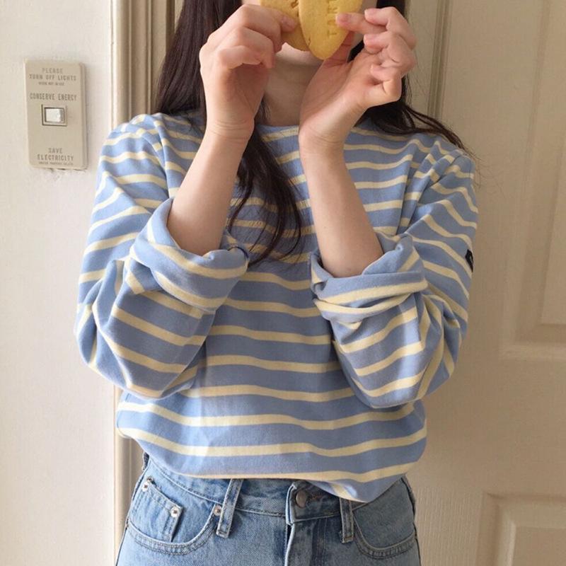 

Danmo осенние классические полосатые женские футболки с длинными рукавами и круглым вырезом повседневные свободные рубашки женские топы S светло-синий