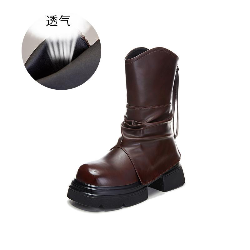 New thick heel Martin boots women's autumn and winter casual mid-tube boots women's round head versatile women's boots pleated art tide boots
