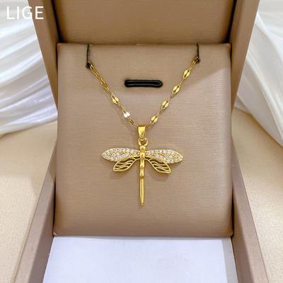 Leichter Luxus Persönlichkeit Leer Libelle Eingelegt Echtgold Halskette Damen Transfer Schlüsselbeinkette Mit Schmuck