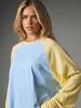 Color Block Oversized Long Sleeve Crew Neck Raglan T-Shirt With Contrast Yellow Sleeves And Light Blue Body
