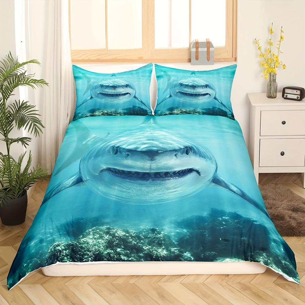 3pcs Vibrant 3D Shark Bedding Set - Soft, Ocean-Inspired Duvet Cover with Shark Fish Print, Breathable, Hypoallergenic,No Filler