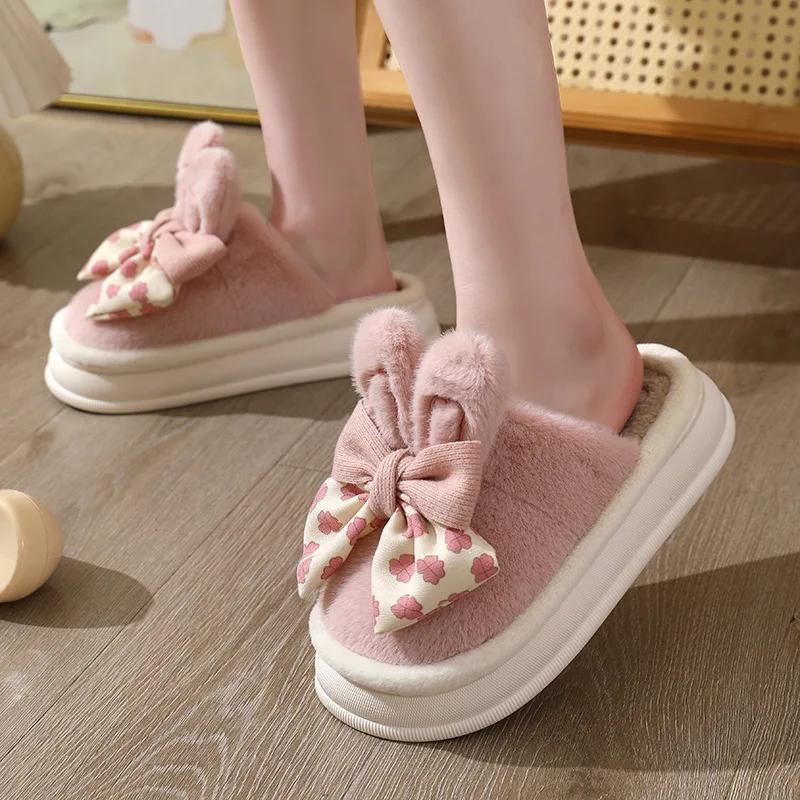 Women Winter Warm Indoor Bows Cotton Slippers Female Indoor Fluffy Cotton Shoes New Couple Plush Comfort Soft Sole House Slides