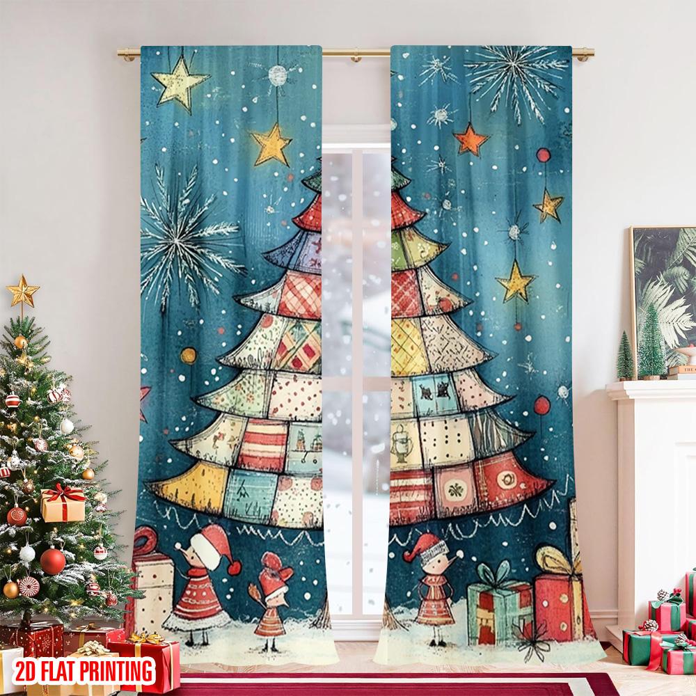 Flat Printing Merry Christmas Curtain Durable Polyester Fabric Without Electricity Festive Wall Curtains Set Of 2 Made
