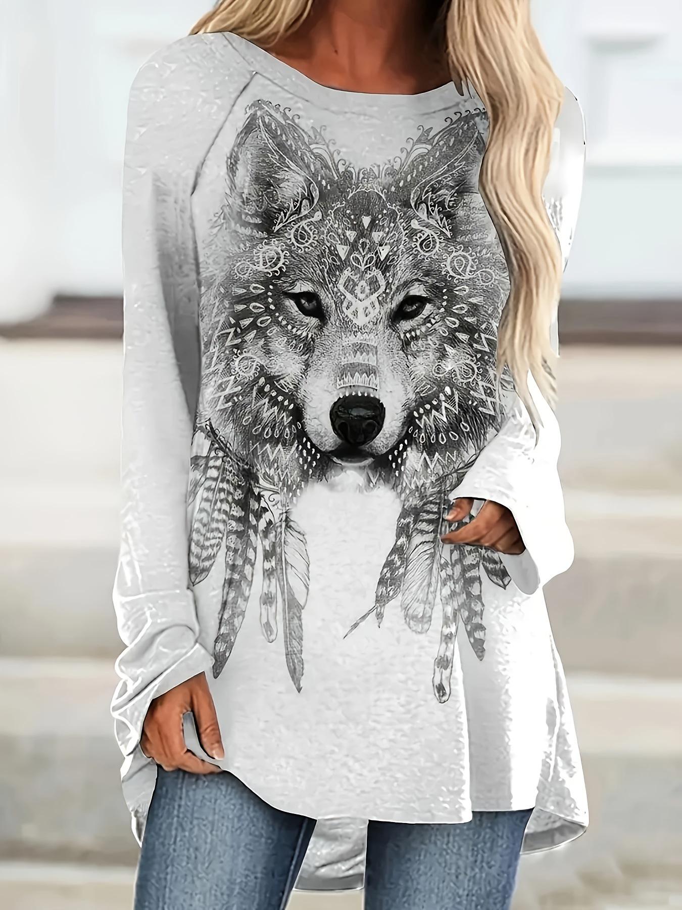 Women s Long Sleeve Animal Print Round Neck Top for Fall/Winter XXL серый