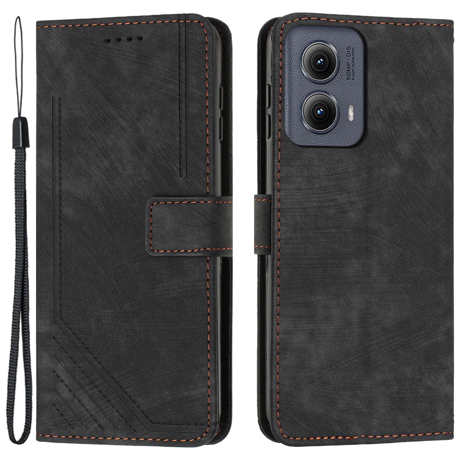 

For Motorola Edge (2024) 5G Case Lines Imprinted PU Leather Wallet Cell Phone Shell Black