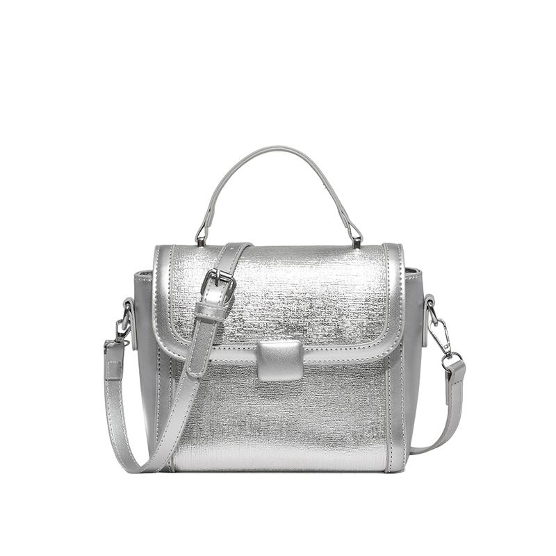 Fashion Metallic Silver Mini Satchel Bag Elegant Womens Shoulder Bags Versatile PU Leather Ladies Crossbody Purse Square Handbag