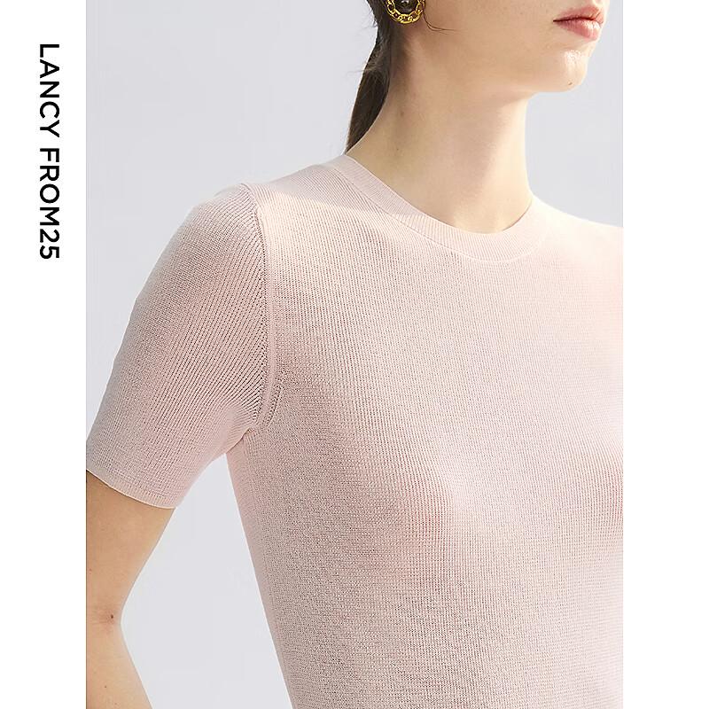 Langzi Triacetate Round Neck Knit Short Sleeve Top