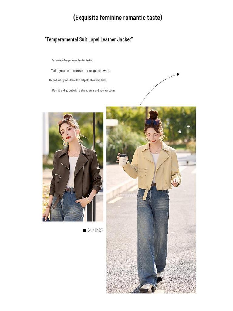 Women's Sheepskin Suit Collar Leather Jacket - Autumn & Winter 2025, Petite Short Design