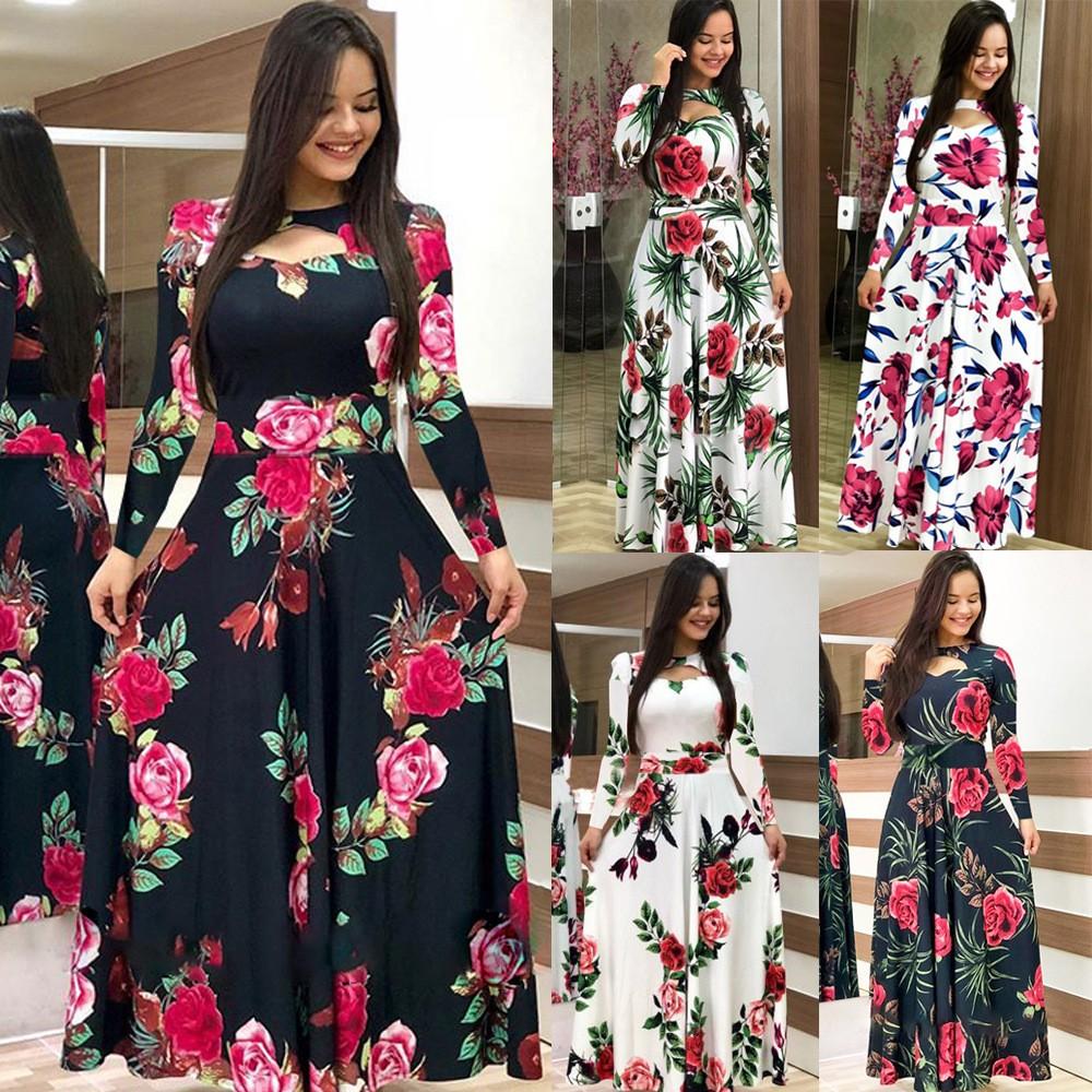 Women's Fashion Casual Bohemian Print Long-sleeved Pocket Dress Long Skirt