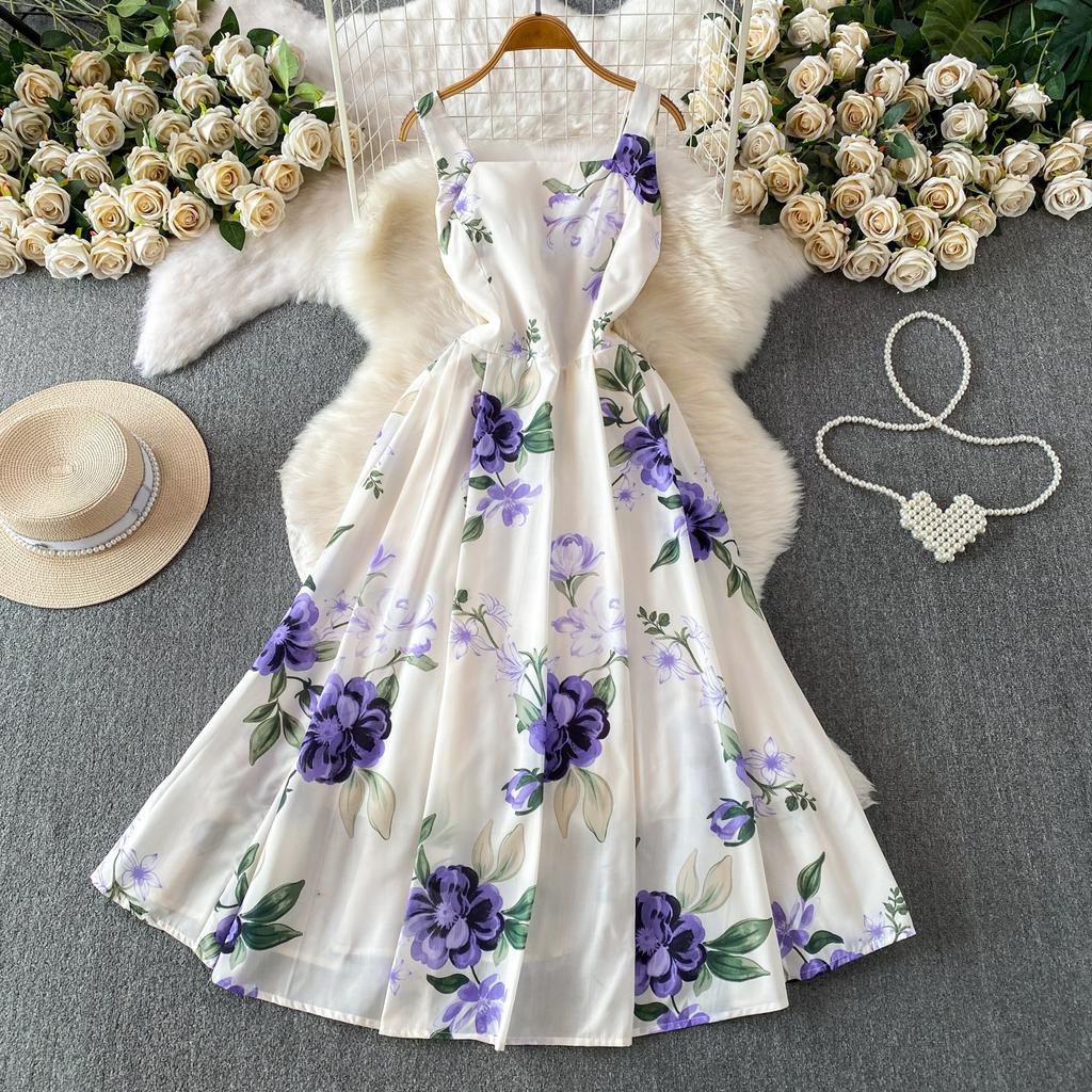 European and American vacation romantic style printing square neck suspender dress women's summer high-end feeling waist and thin big swing dress