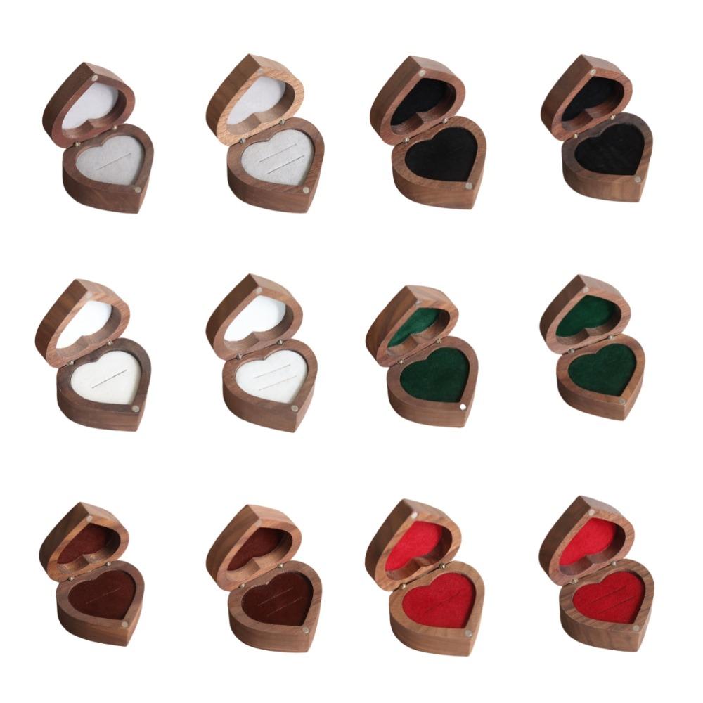 Wedding Heart Rings Holder Anti-collision Rings Bearer Box Simple Walnut Wood Rings Box  Propose
