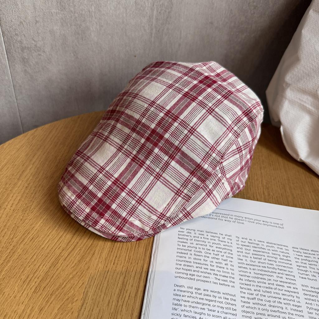 Women Grid Summer Beret Hat Short Brim Cotton Blend Material Sun Sunlight Block