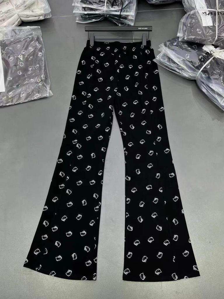 High Waist Blue Smiley Micro Flare Wide Leg Pants for Women - Slimming, Floor-Length, Spring/Autumn, Straight Loose Fit