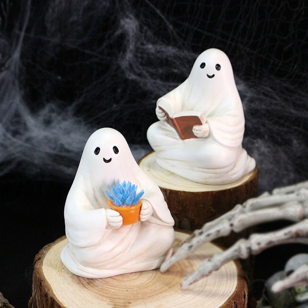 2pcs Cute Halloween Ghost Ornaments Cartoon Ghost Sculpture Reading Ghost Statue  Office