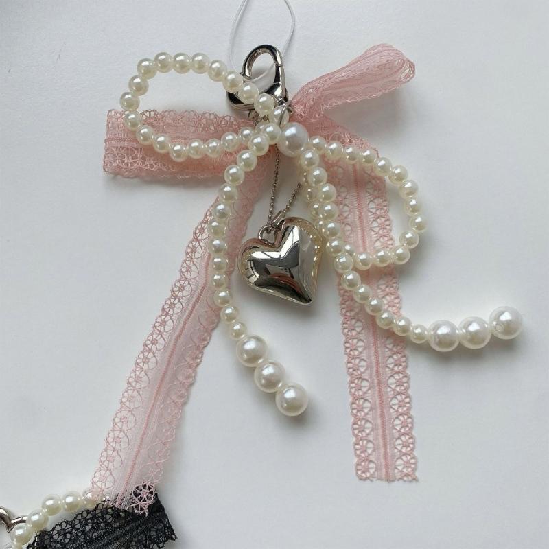 Elegant Lace Bows Keychain With Faux Pearls Detail For Women Girls Fashionable Bag Accessory Gift Alloy Keyring