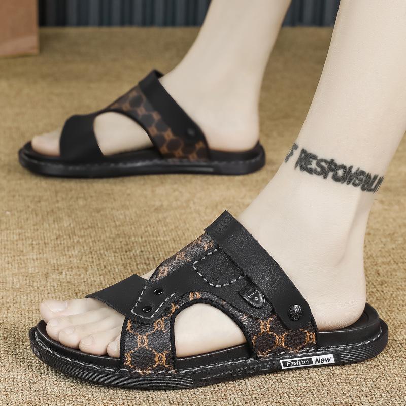 Premium Leather Sandals Summer Fashion Trend New Dual-purpose Driving Foot Cover One-word Drag Men's Travel Beach Shoes